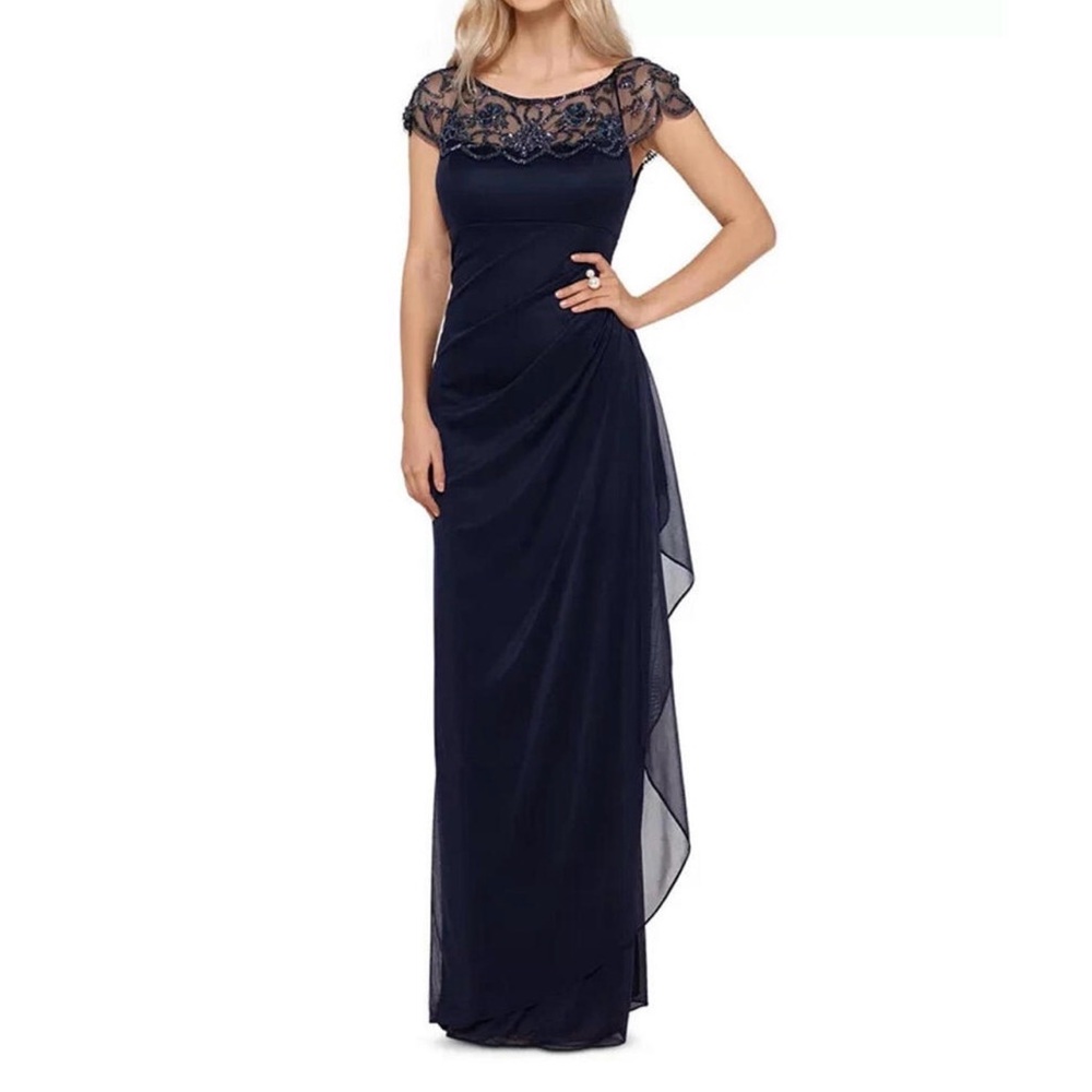 Xscape Navy Blue Lace Maxi Dress